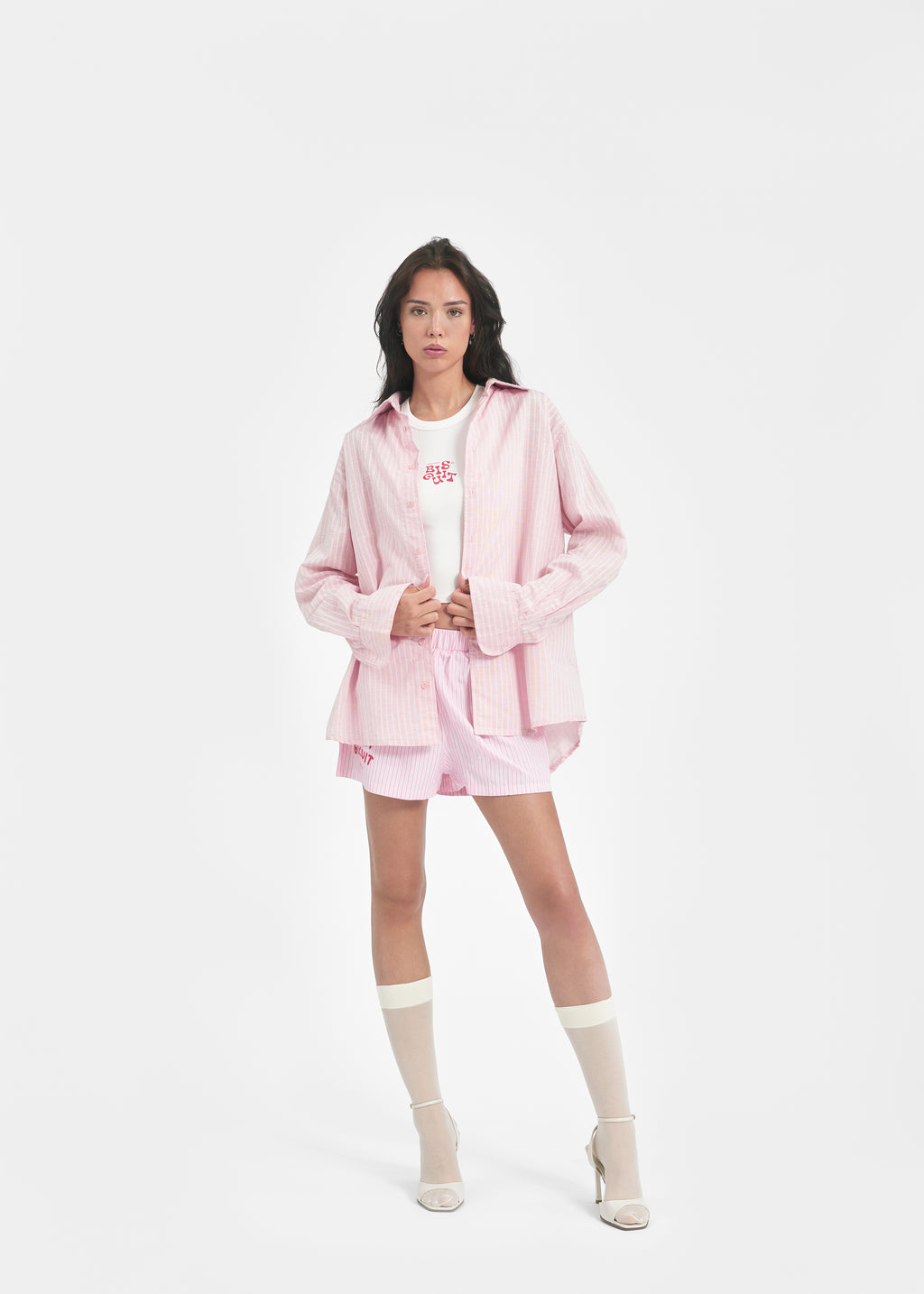 Chemise oversize unisexe lin rose rayée