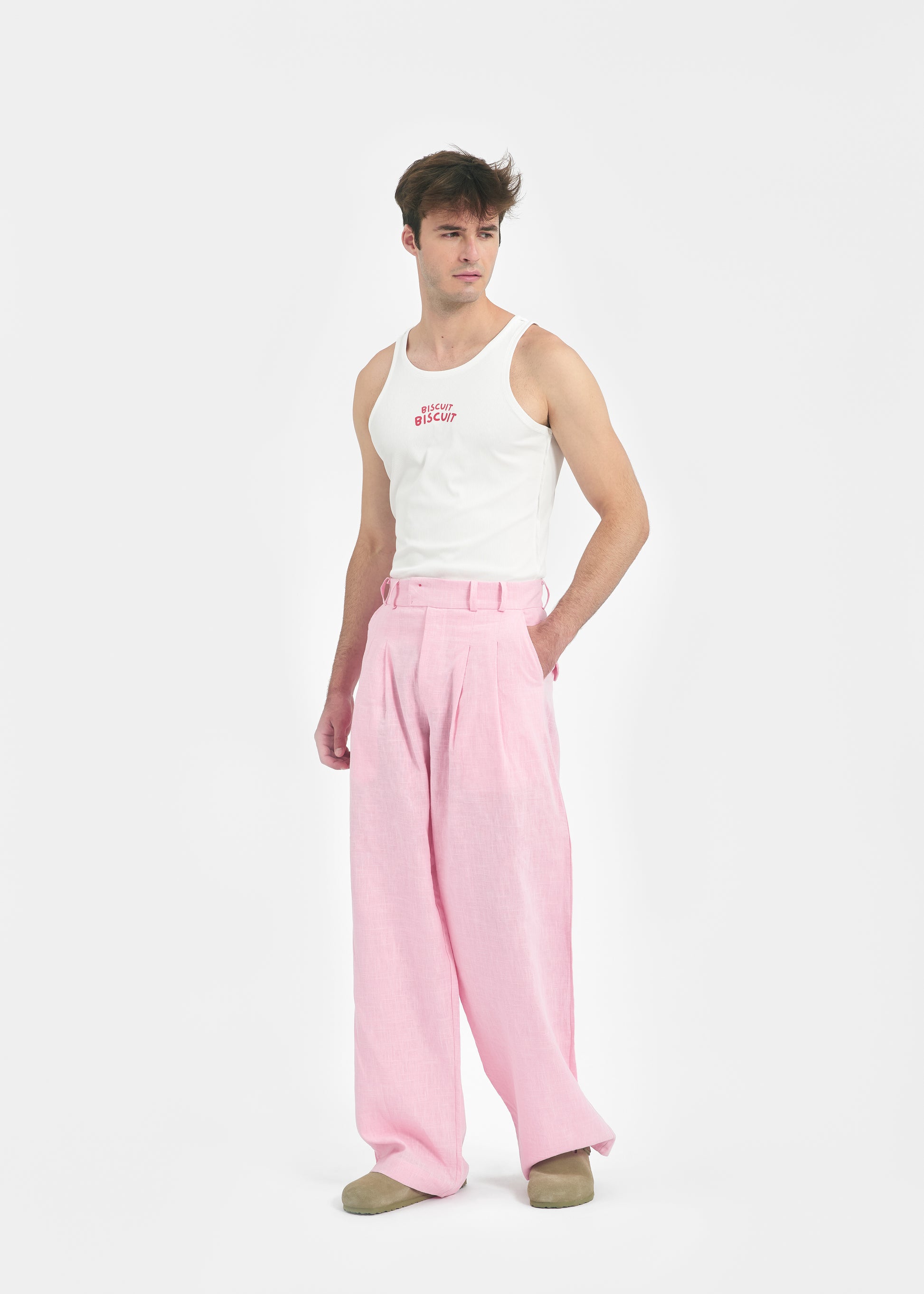 Pantalon deux plis unisexe lin rose