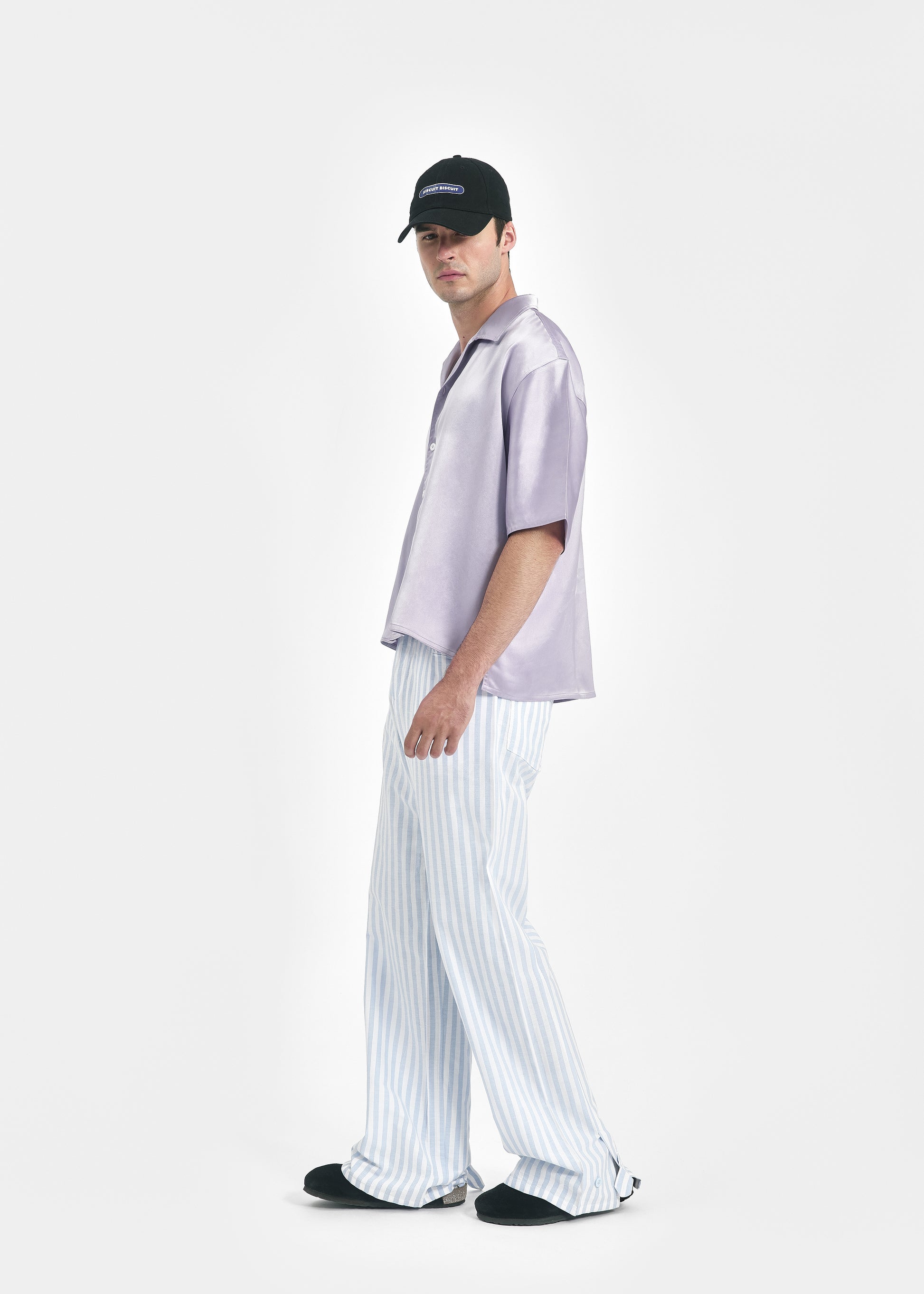 Pantalon large unisexe coton rayé bleu
