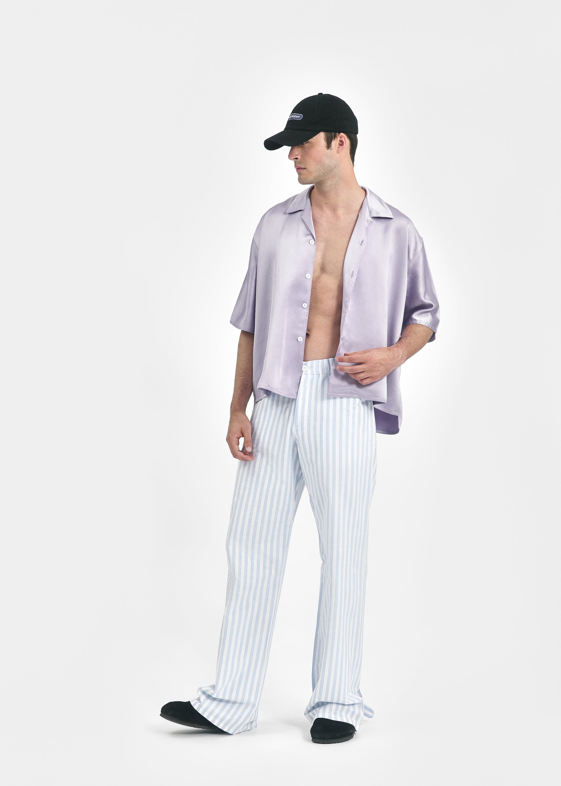 Pantalon large unisexe coton rayé bleu