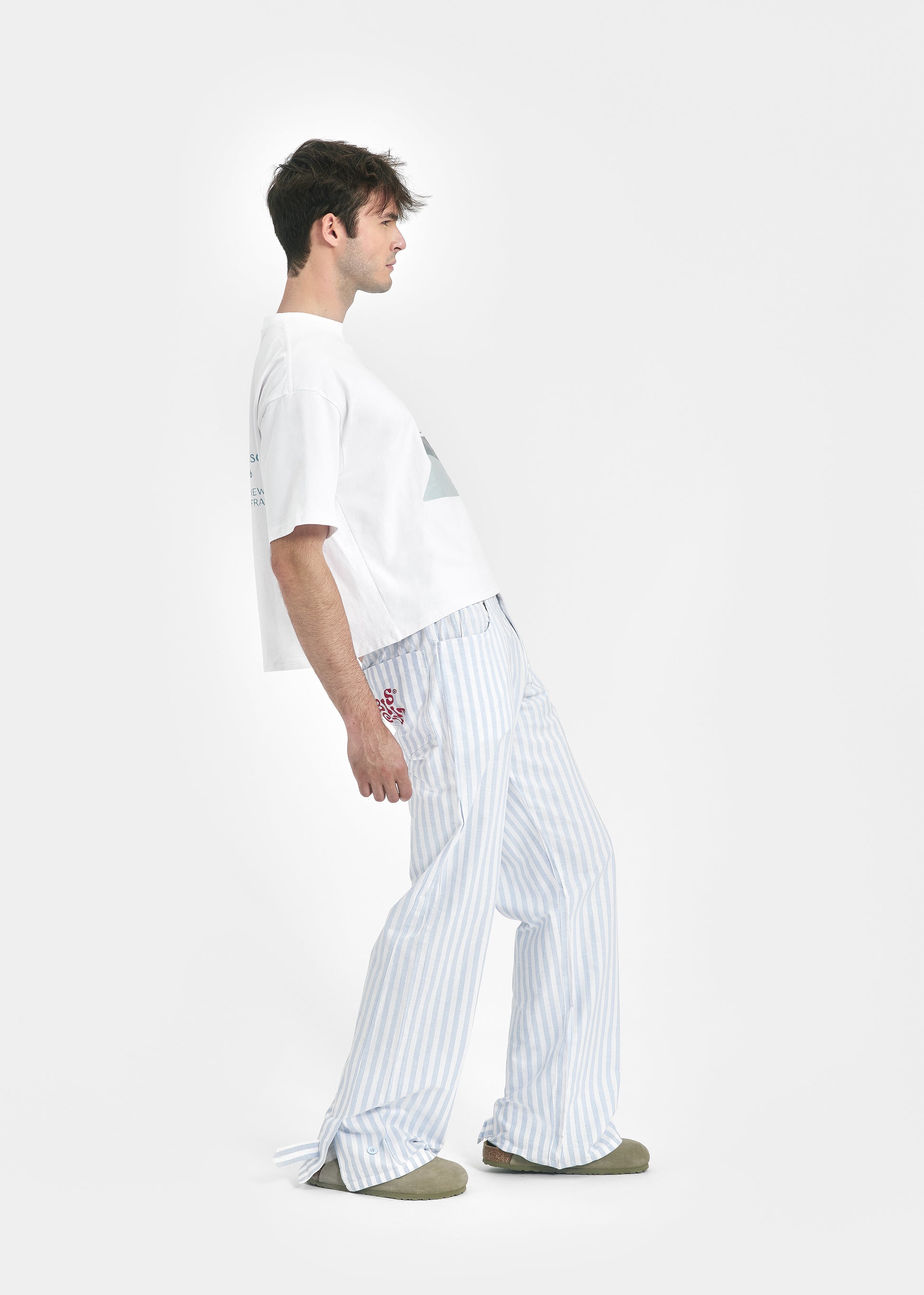 Pantalon large unisexe coton rayé bleu