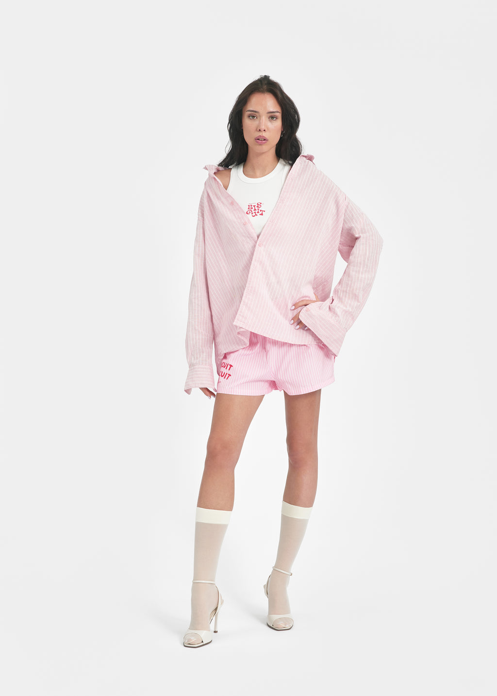 Chemise oversize unisexe lin rose rayée