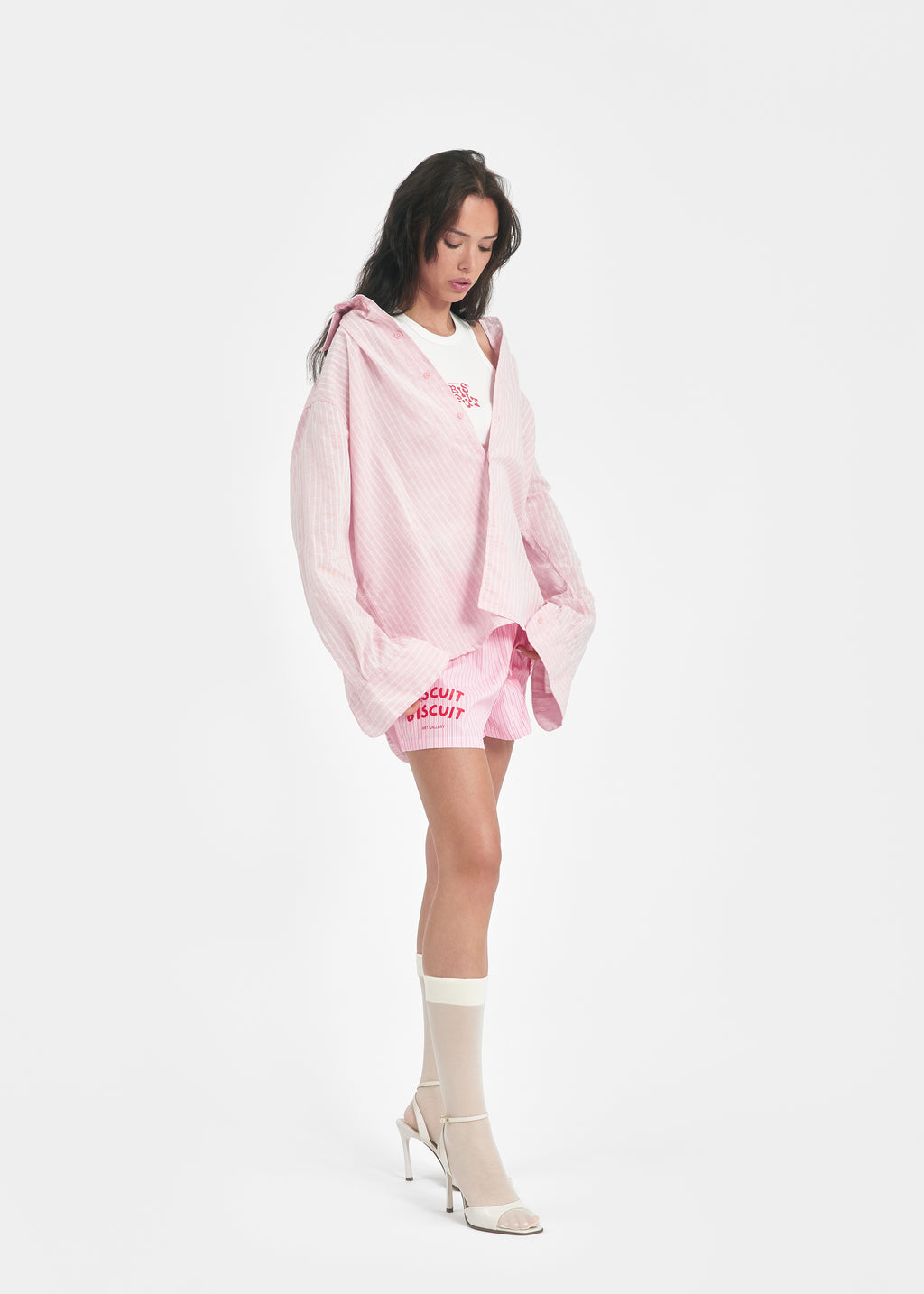 Chemise oversize unisexe lin rose rayée