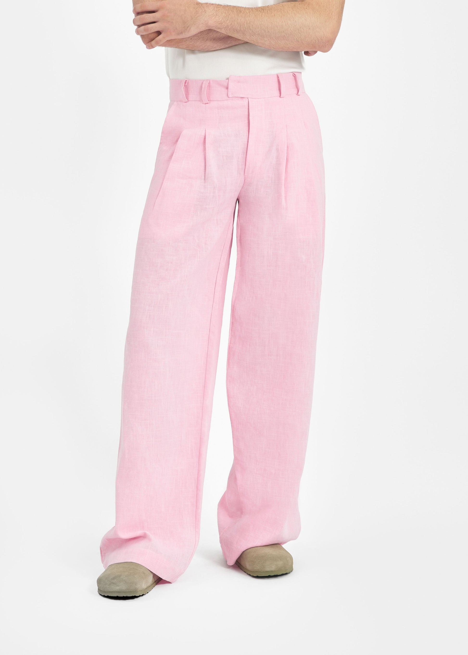 Pantalon deux plis unisexe lin rose